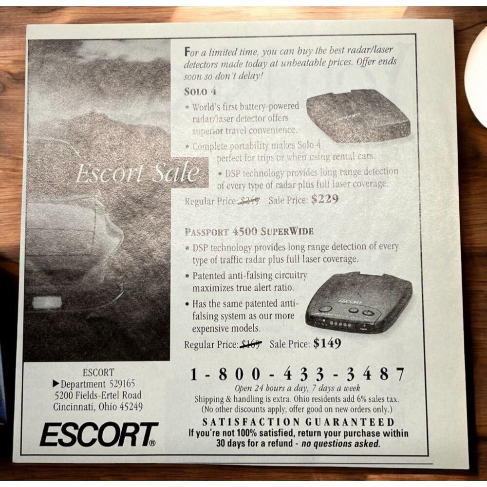 Escort Radar Laser Detector Sales Vintage Print Ad 1990s Solo 4 Passport 4500 Su